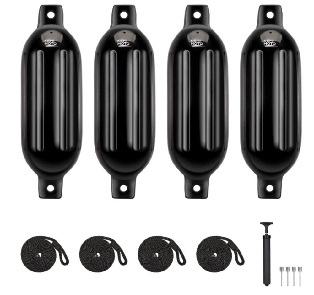 KEMIMOTO Boat Fenders 4 Pack w/ Ropes & Pump for 15-35FT Boats Black